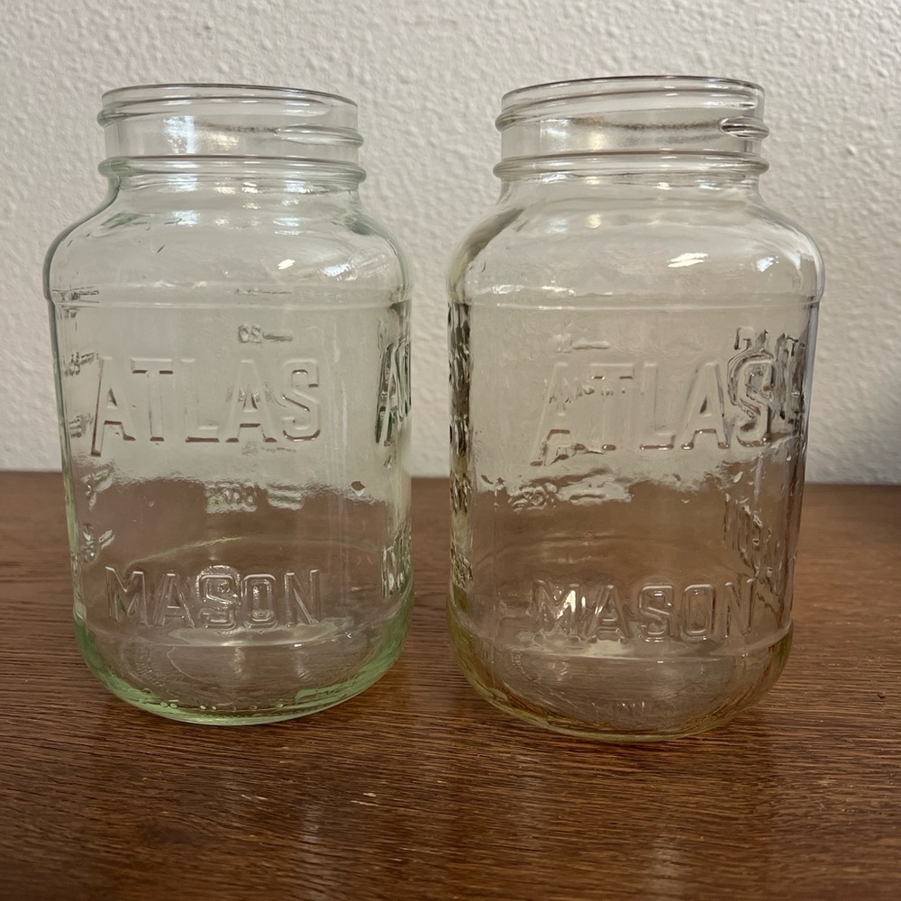 Vintage Atlas Mason Jars Set of 2 Green Tint Smoky Clear Glass